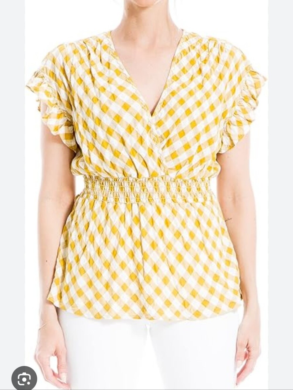 💛New Yellow Gingham Smocked Waist Flutter Sleeve Women's Top